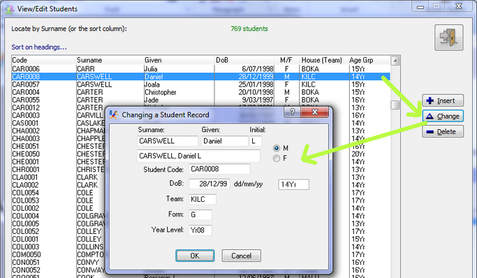 A form being used to update the student's details