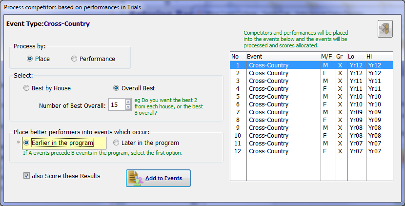 Processing Options Selected