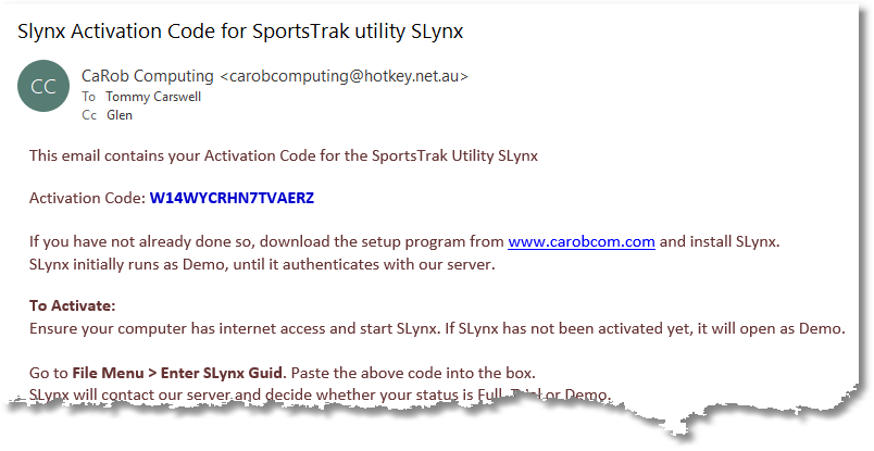 Typical email with the code in it. Typical email with the code in it.
