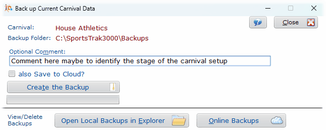 Backup window with option for cloud storage Backup window with option for cloud storage