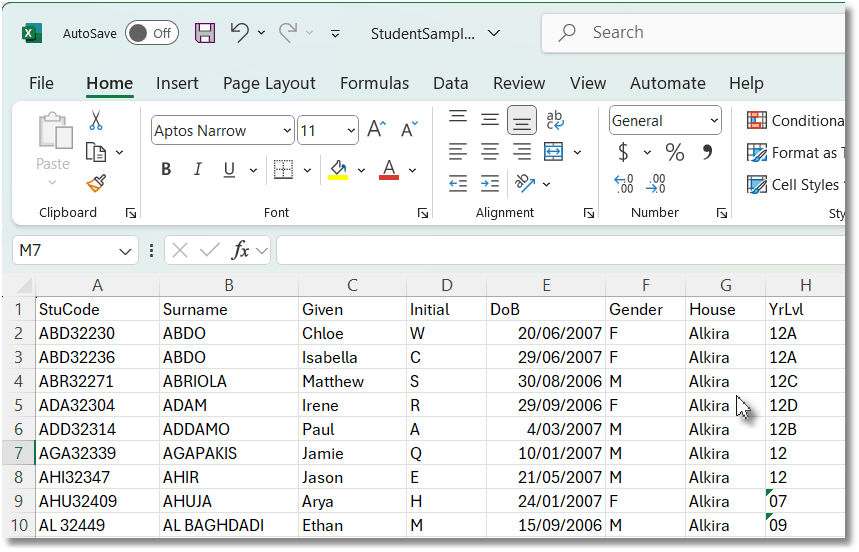 StudentCSV in Excel StudentCSV in Excel
