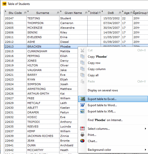 Context Menu on the Student Table Context Menu on the Student Table