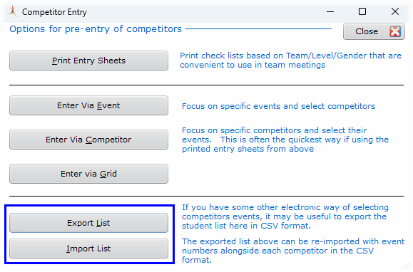 Buttons to export and import competitors Buttons to export and import competitors