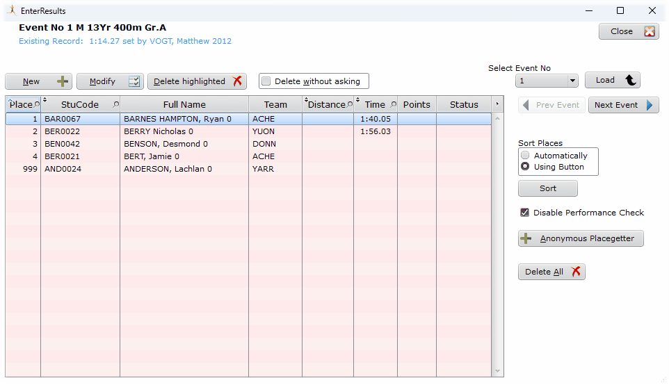 Results Entry on an event Results Entry on an event
