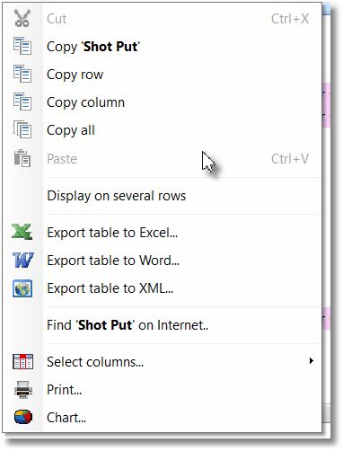 Right-Click Menu on a Table Right-Click Menu on a Table