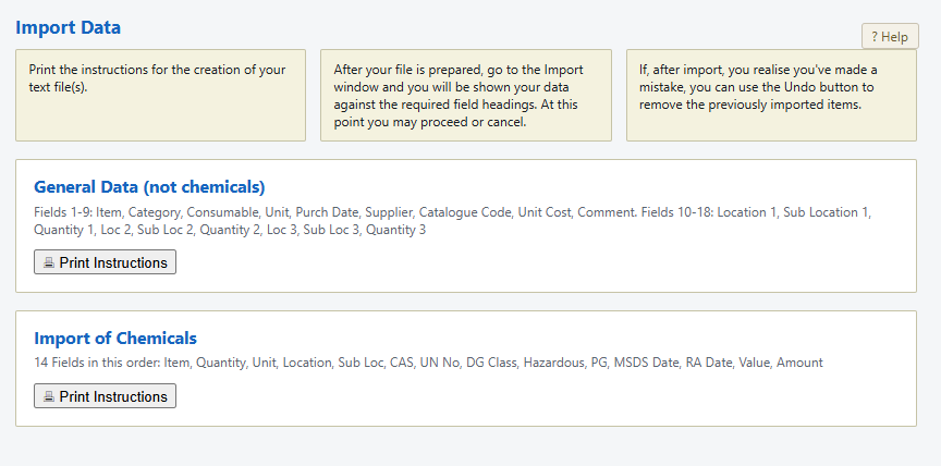The SciList Web import screen, listing the fields expected for general items and for chemicals