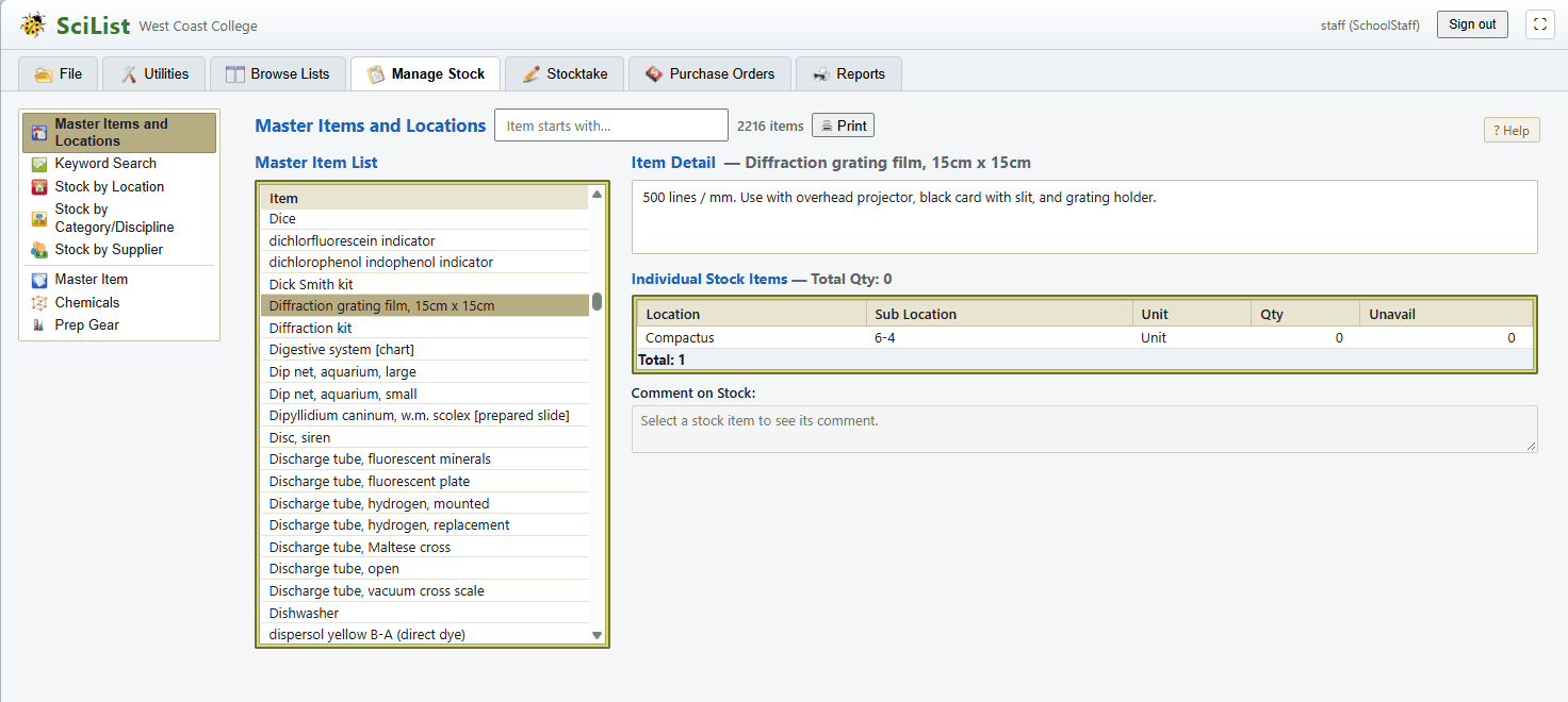 The SciList Web master item list, with the ways to find an item down the side
