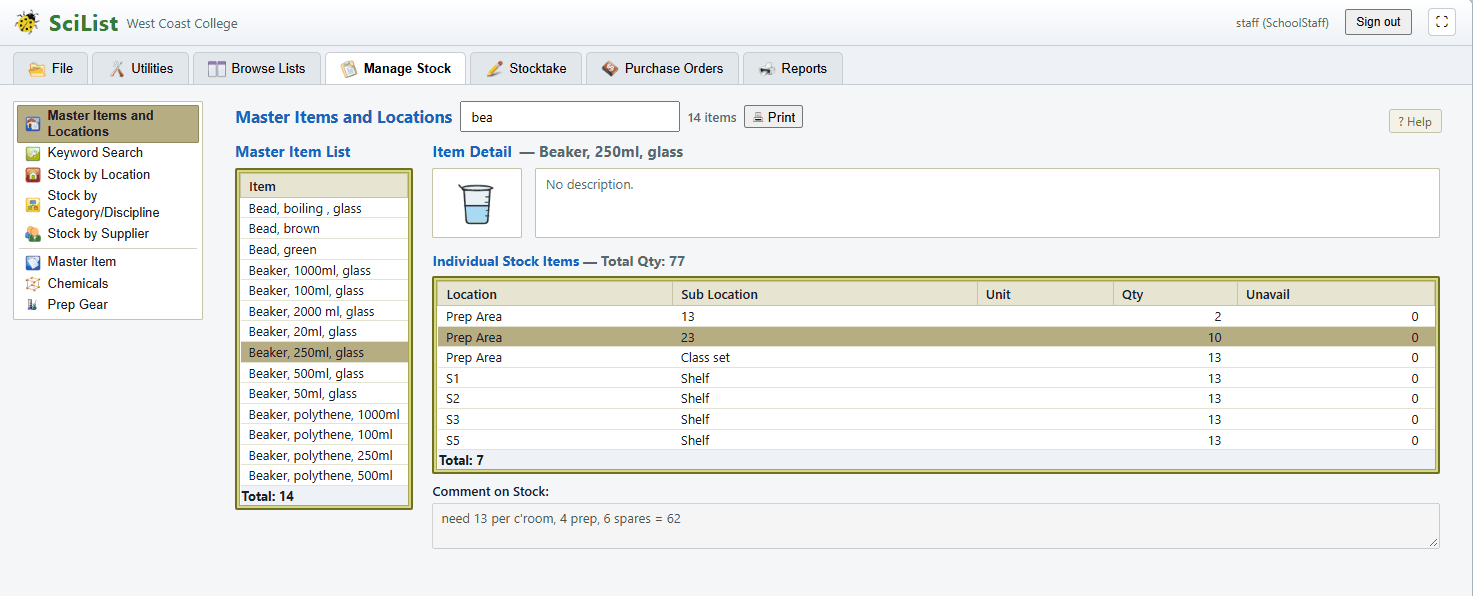 SciList Web showing one master item, a 250ml glass beaker, with its stock records in seven places