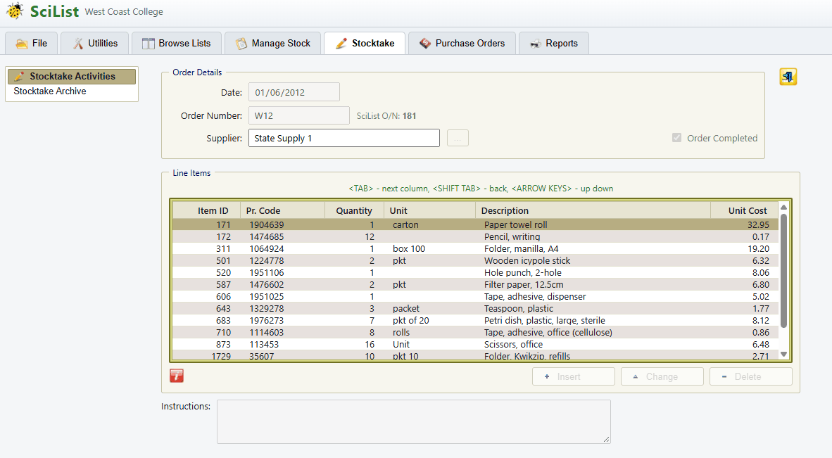 A purchase order in SciList Web, with its line items
