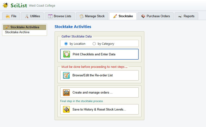 SciList Web's stocktake activities, from gathering counts to saving to history