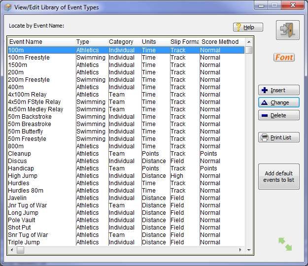 SportsTrak 2200 library of event types
