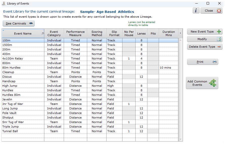 SportsTrak 3000 library of events