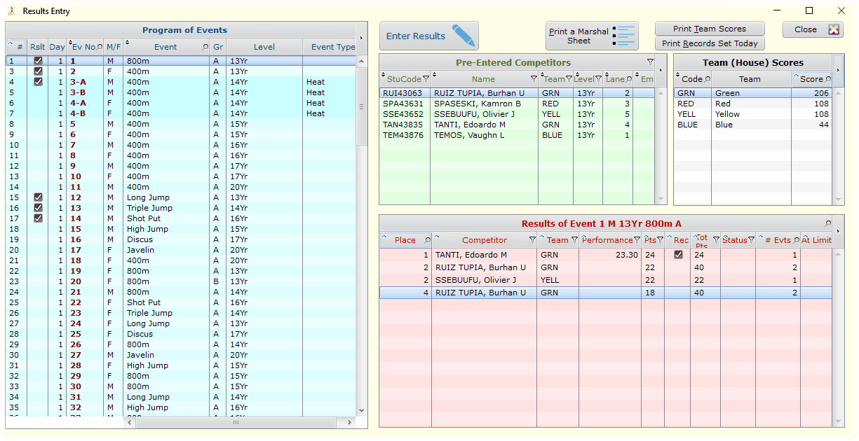 SportsTrak 3000 program of events and results entry