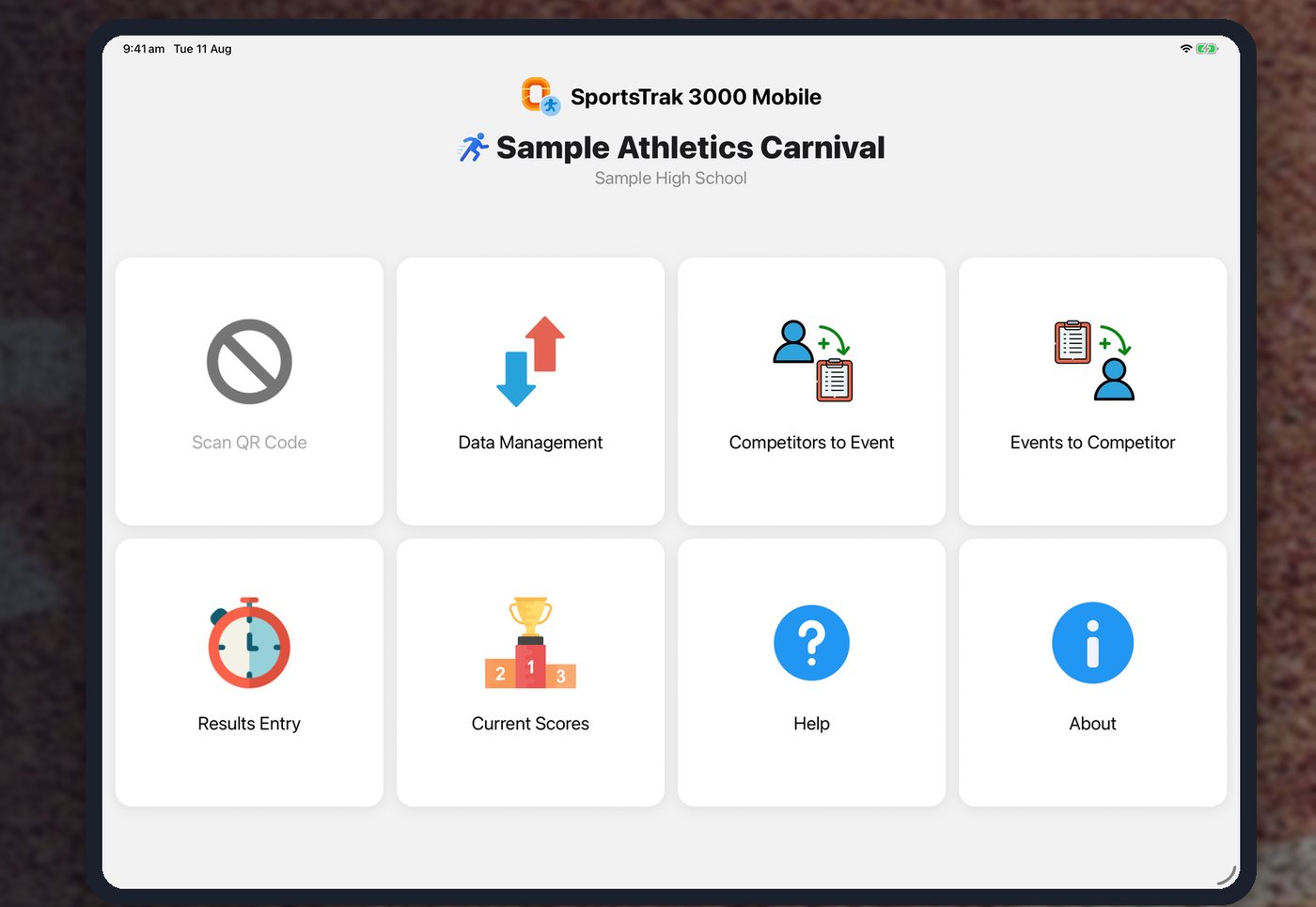 SportsTrak 3000 mobile running on an iPad at an athletics track