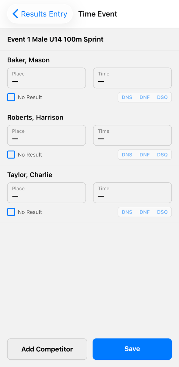 Entering places and times for a timed event, with DNS, DNF and DSQ buttons